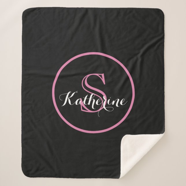Personalised Name Monogram Black Pink Sherpa Blanket (Front)