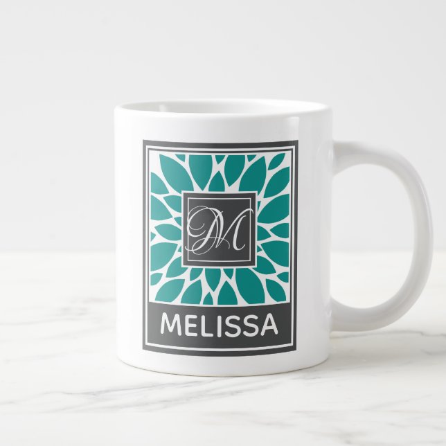 Personalised Name & Monogram Blue Flower Large Coffee Mug (Right)