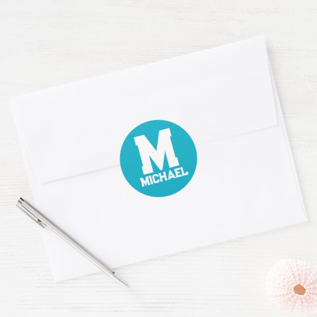 Personalised Name Monogram Blue Logo Classic Round Sticker (Envelope)