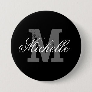 Personalised name monogram button   Classy black