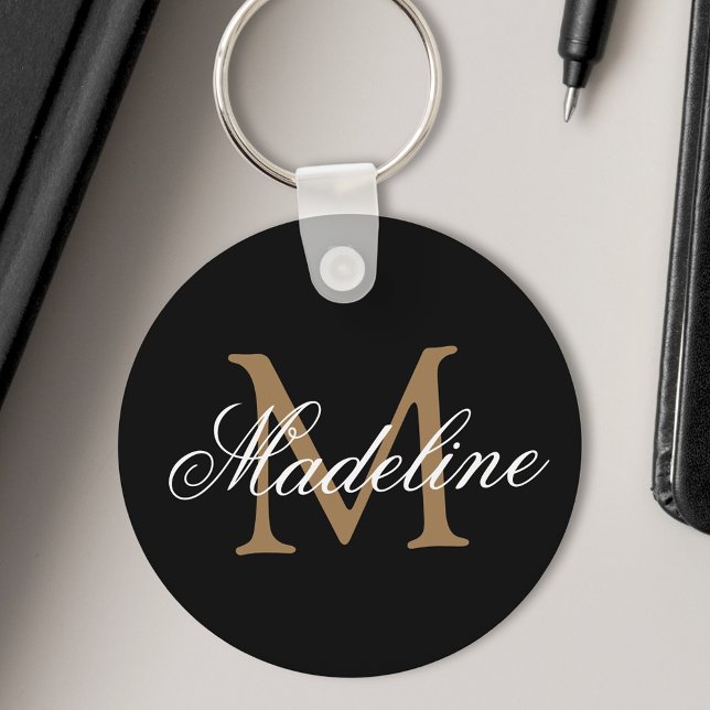 Personalised Name Monogram Elegant Black Gold Key Ring (Creator Uploaded)