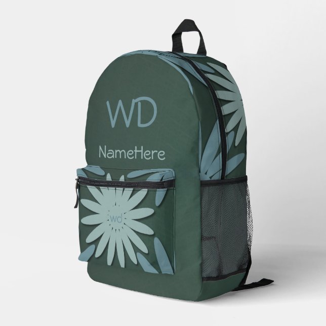 Personalised Name Monogram Green Blue Flowers Printed Backpack (Back Corner Right)