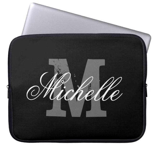 Personalised name monogram laptop sleeve | Black (Front)