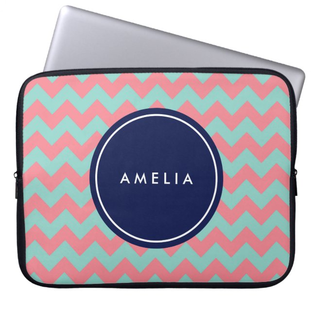 Personalised Name Monogram Light Blue & Pink Laptop Sleeve (Front)