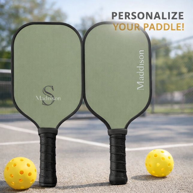 Personalised Name Monogram Olive Green Black Pickleball Paddle (Creator Uploaded)