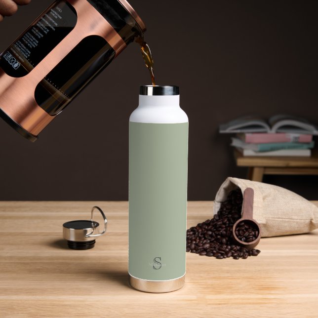 Personalised Name Monogram Olive Green Black Water Bottle (Coffee (Rotated))