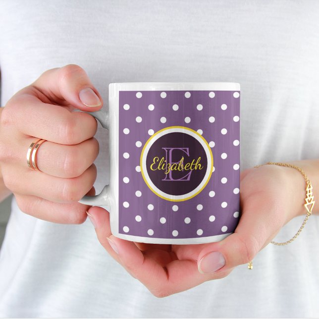 Personalised Name & Monogram Purple Polka Dot Coffee Mug (Creator Uploaded)