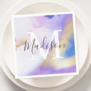 Personalised Name Monogram Purple Watercolor Glam Napkin