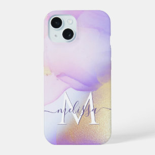 Personalised Name Monogram Purple Watercolor Luxe iPhone 15 Case