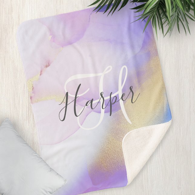 Personalised Name Monogram Purple Watercolor Luxe Sherpa Blanket (Creator Uploaded)