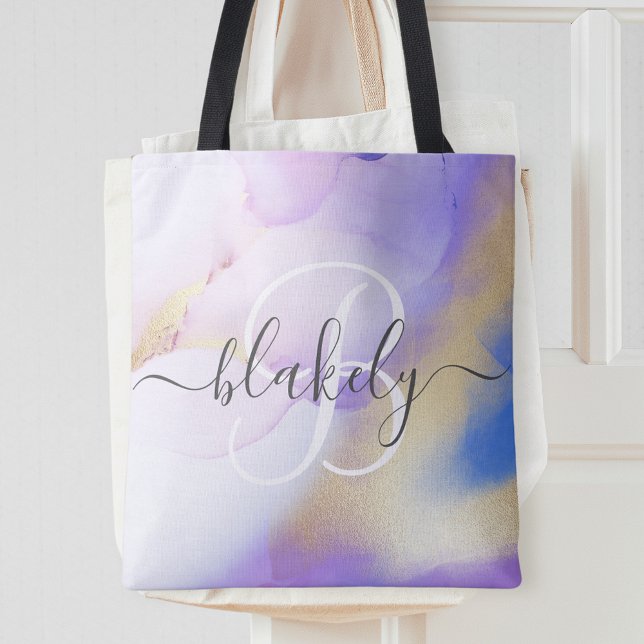 Personalised Name Monogram Purple Watercolor Tote Bag (Creator Uploaded)