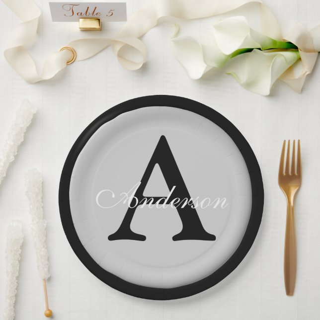 Personalised Name Monogram Silver Metallic Button  Paper Plate (Wedding)