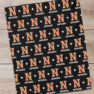 Personalised Name Monogram Star Orange Black Fleece Blanket