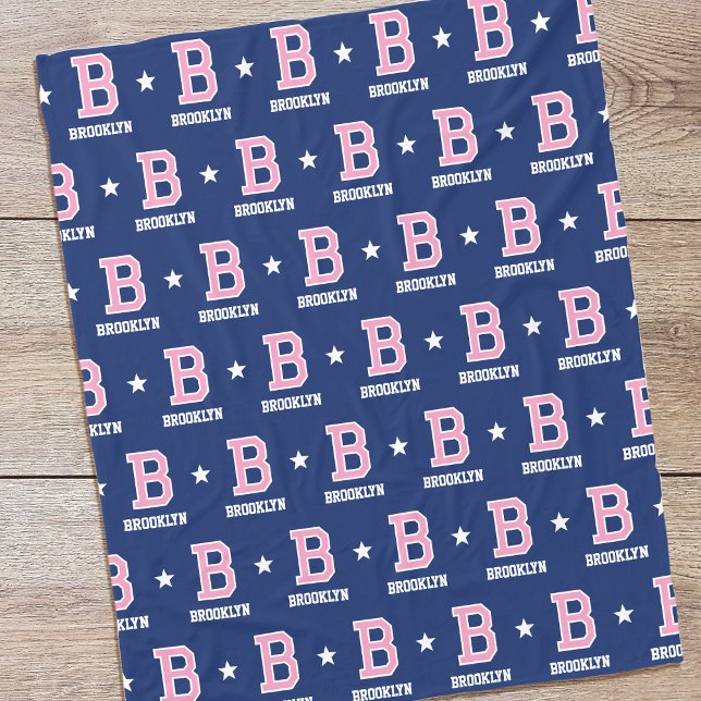 Personalised Name Monogram Star Pink Navy Fleece Blanket (Creator Uploaded)