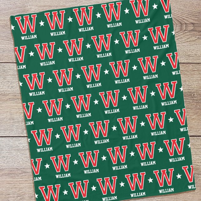 Personalised Name Monogram Star Red Green Fleece Blanket (Creator Uploaded)