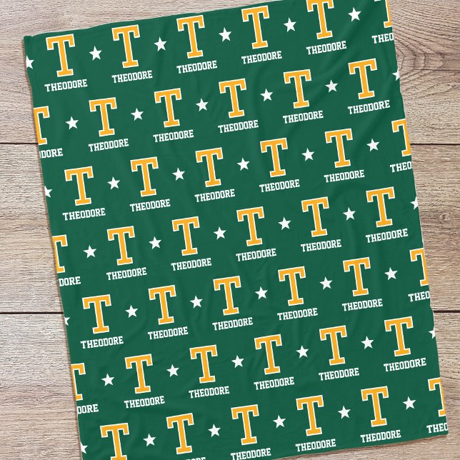 Personalised Name Monogram Star Yellow Green Fleece Blanket (Creator Uploaded)