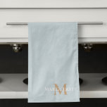Personalised Name Monogram Tea Towel<br><div class="desc">Modern,  elegant and trendy kitchen towel featured here in dusty blue with tan monogram and white name typography. Colours can be customised to your choosing</div>