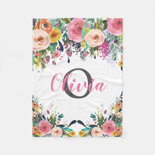 Personalised Name Monogram Watercolor Floral Fleece Blanket (Front)