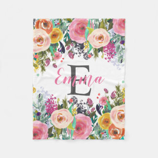 Personalised Name Monogram Watercolor Floral Fleece Blanket