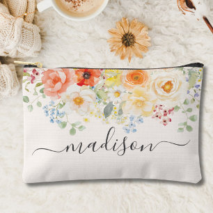 Personalised Name Monogram Watercolor Sunny Floral Accessory Pouch