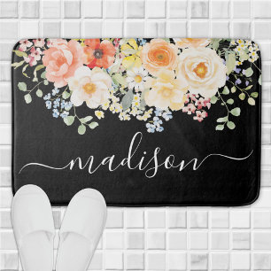 Personalised Name Monogram Watercolor Sunny Floral Bath Mat