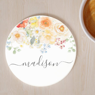 Personalised Name Monogram Watercolor Sunny Floral Coaster
