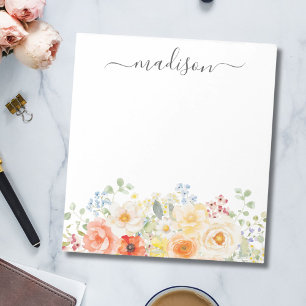 Personalised Name Monogram Watercolor Sunny Floral Notepad