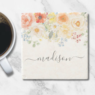 Personalised Name Monogram Watercolor Sunny Floral Stone Coaster