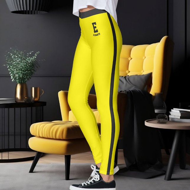 Personalised Name Monogram Yellow Black Stripes Leggings (Creator Uploaded)
