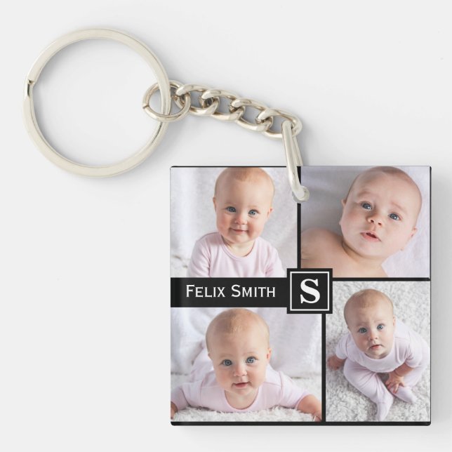 Personalised Name Monogrammed 4 Photo Collage Key Ring (Front)