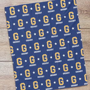Personalised Name Monogrammed Star Gold Navy Fleece Blanket