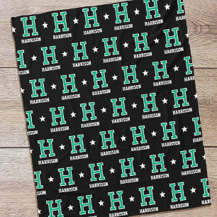 Personalised Name Monogrammed Star Green Black Fleece Blanket