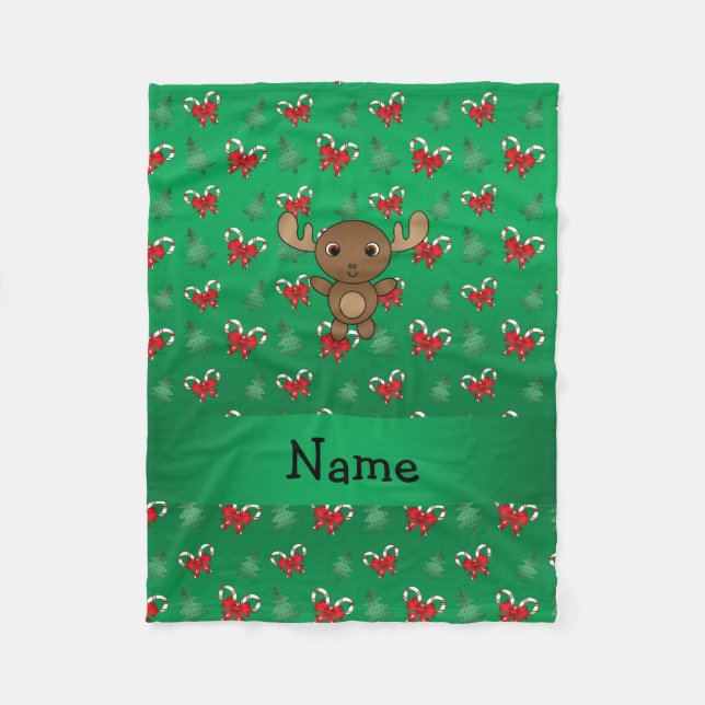 Personalised name moose green candy canes bows fleece blanket (Front)