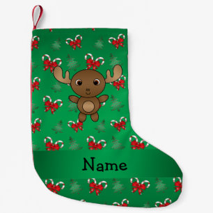 Personalised name moose green candy canes bows small christmas stocking