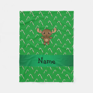 Personalised name moose green candy canes fleece blanket