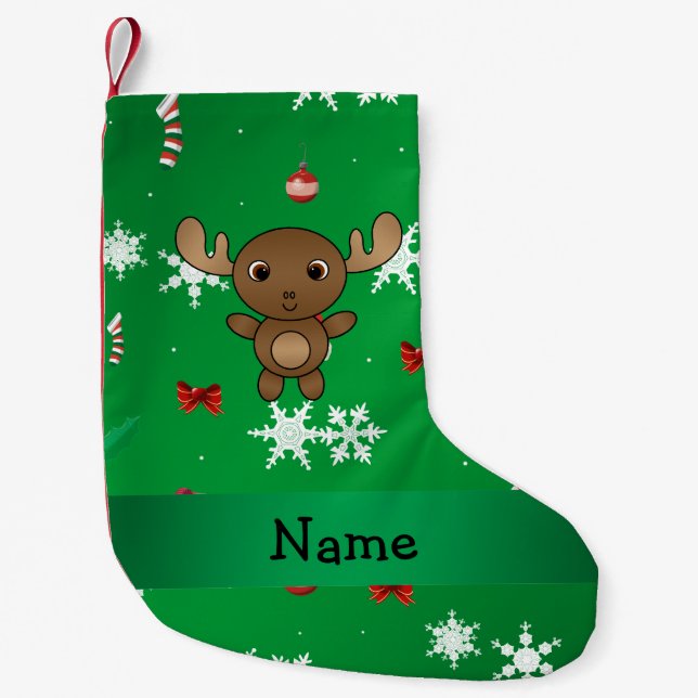 Personalised name moose green christmas pattern small christmas stocking (Front)