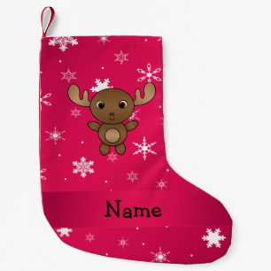 Personalised name moose pink snowflakes small christmas stocking