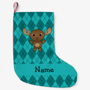 Personalised name moose turquoise argyle small christmas stocking