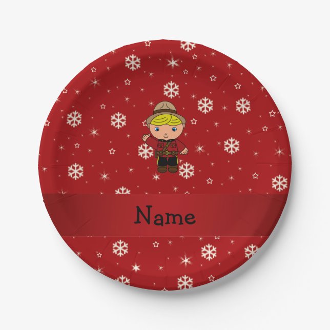 Personalised name mountie red snowflakes paper plate (Front)