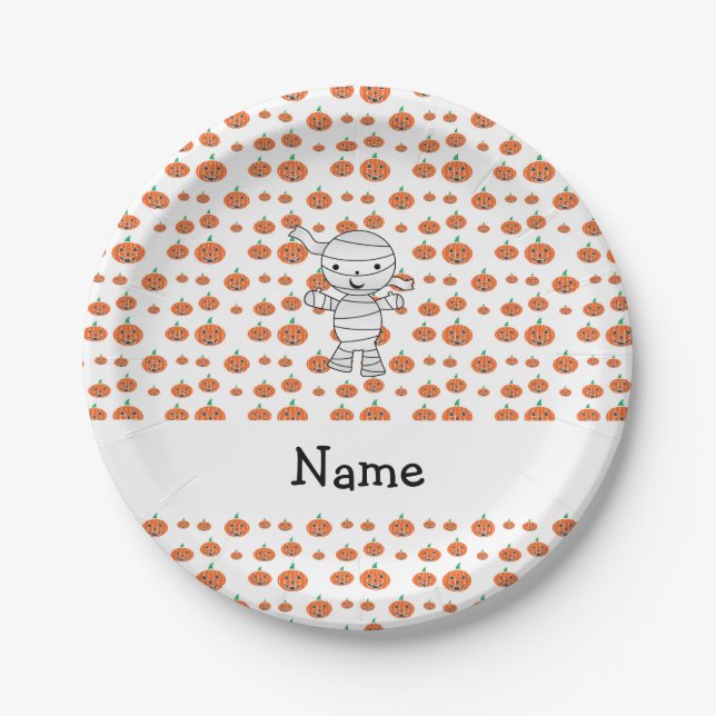 Personalised name mummy orange pumpkins paper plate (Front)