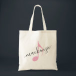 Personalised Name Music Note Black Pink Tote Bag<br><div class="desc">Simple black and white and pink music note bag with your name printed on it with a modern and elegant handwritten calligraphy script font in black over an eighth note in pink. Text colours and fonts can be changed, making the book bag perfect for multiple kids to store their sheet...</div>