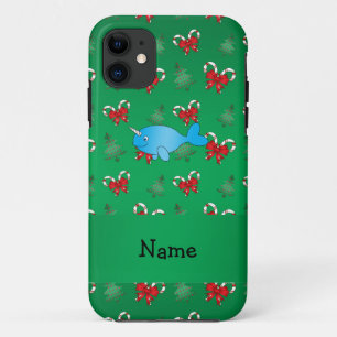 Personalised name narwhal green candy canes bows iPhone 11 case