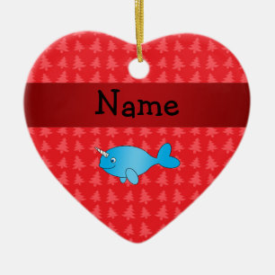 Personalised name narwhal red christmas trees ceramic ornament