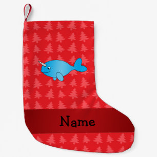 Personalised name narwhal red christmas trees small christmas stocking