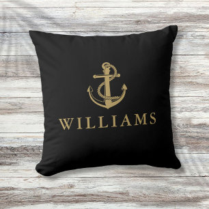 Personalised Name Nautical Anchor Black And Gold Cushion