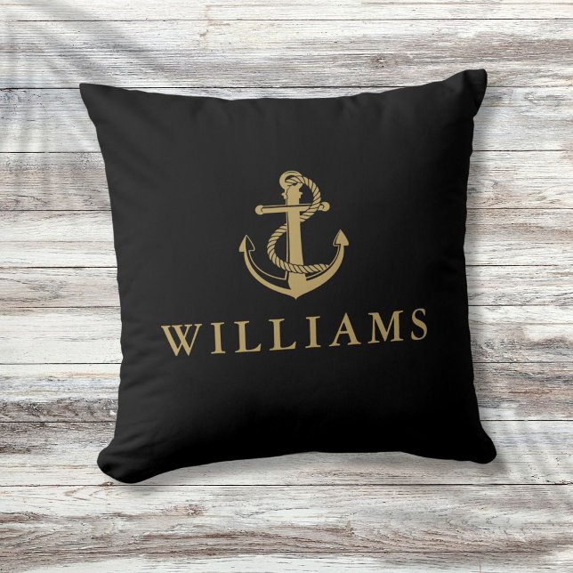 Personalised Name Nautical Anchor Black And Gold Cushion (Personalized Name Nautical Anchor Black And Gold Throw Pillow)