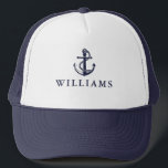 Personalised Name Nautical Boat Anchor Navy Blue Trucker Hat<br><div class="desc">Elegant stylish navy blue nautical design featuring a ship's anchor and personalised with your name. Designed by Thisisnotme©</div>