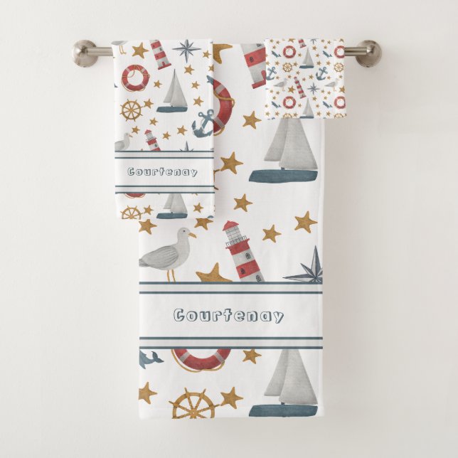 Personalised Name Nautical Ocean Sailboat Bath Towel Set (Insitu)