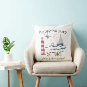 Personalised Name Nautical Ocean Sailboat on White Cushion