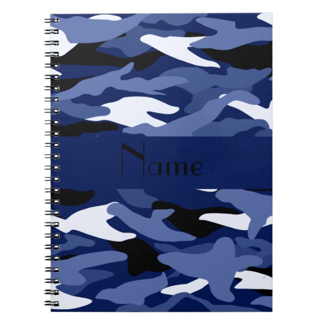 Personalised name navy blue camouflage notebook (Front)